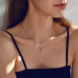 JINEAR 14k Gold Bow Pealr Necklace for women，Adjustable Dainty CZ Pendant Necklace Simple Cute Choker Necklaces Mother's Day Jewelry Gift