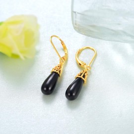 Fuguangju Black Obsidian Earrings 925 Sterling Silver Leverback Earrings for Women Healing Crystal Obsidian Jewelry Gifts for Women