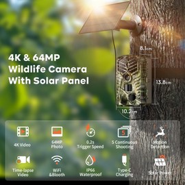 Solareye Trail Camera WiFi - Solar Powered 4K 64MP Game Cameras with Night Vision Motion Activated Waterproof with 32GB Micro SD Card, IP66 120° Detection Angle 0.2s Trigger 940nm No Glow LED Wildlife