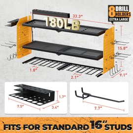 WIWIDRM Power Tool Organizer Wall Mount with Charging Station, Large 8 Drill Holder Heavy Duty Metal Tool Holder & Storage Rack for Garage Organization， 8 Outlet Power Strip Tool Shelf，Yellow