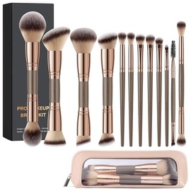 MAGEFY Brochas de maquillaje, 12 unidades con bolsa, de doble extremo, multifuncionales, para base de polvo, rubor, delineador de ojos, brochas con ca