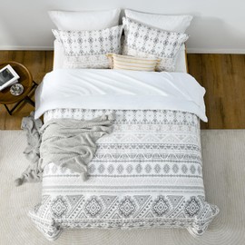 Finlonte King Comforter Set, 100% Cotton Bedding Set, Boho Quilted Bed Set, Geometric Striped Pattern Modern Bohemian Bedding, Fluffy Lightweight King Size Comforter, White/Grey, 104" × 90", 3Pcs