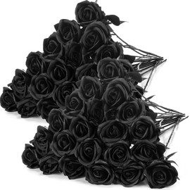 Hotop 40 Pcs Rose Artificial Flowers Bulk with Long Stem, Bouquet Roses, Realistic Silk Fake Roses for Home Wedding Centerpieces Party Table Decoration Valentine's Day Gifts (Solid Black)