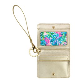 Lilly Pulitzer Cute Blue ID Card Case Keychain Wallet, Slim Credit Card Holder with Wristlet Strap, Golden Hour