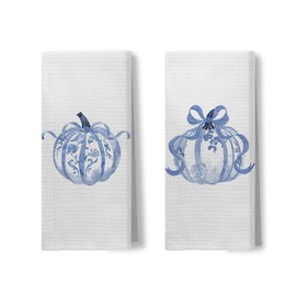 Kemingni Fall Blue Chinoiserie Pumpkin Kitchen Towels Set of 2, Autumn Coquette Bow Pumpkin Decorative Hand Towels for Bathroom, Fall Dish Towels,Fall Pumpkin Kitchen Bathroom Decor,16x24 Inch