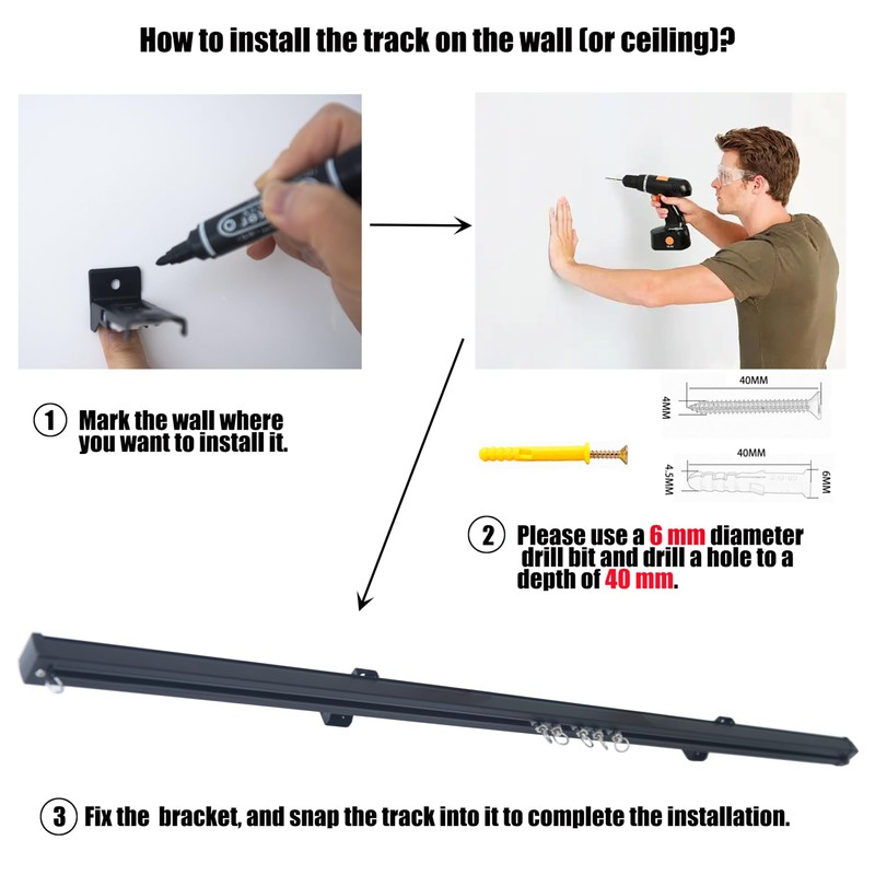 AILEADING Ceiling Curtain Track Wall Mounted Rod (Black, 2M)