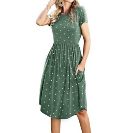 Women Spring Summer Knit Short Sleeve Pocket Midi Knee Work Casual Dress Green L