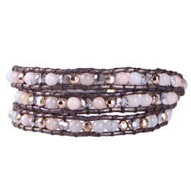 KELITCH Agate Crystal Iron-Pyrite Bead 3 Wrap Bracelet on Brown Leather