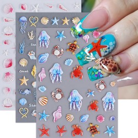 5D Embossed Ocean Nail Stickers Shell Starfish Jellyfish Summer Nail Decals Self Adhesive Marine Life Beach Nails Stickers for Nails Sea Animals Nail Supplies for Women Girls DIY Manicure Salons 3Pcs