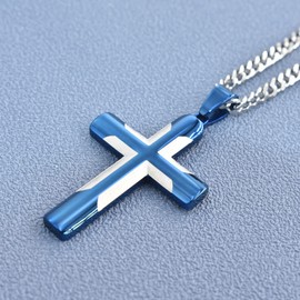 NEHZUS Men's Stainless Steel Black Gold Blue Cross Pendant Necklace for Men Lord's Prayer Necklace Heavy Twist Chain 23.6 Inches (Blue)