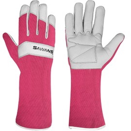 SAWANS Long Gardening Gloves Leather Ladies Men Women Durable Goatskin Garden Gloves Forearm Protection Thorn Proof Gardener Work Spandex Sleeves Rose Pruning Gift (Pink, S)