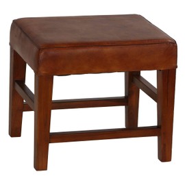 Bare Decor Alvin Genuine Leather Ottoman with Solid Teak Wood Legs, Brown