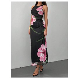 Milumia Women's Floral Mesh Maxi Dress Sleeveless Crew Neck Ruched Bodycon Long Dresses Multicolor Medium