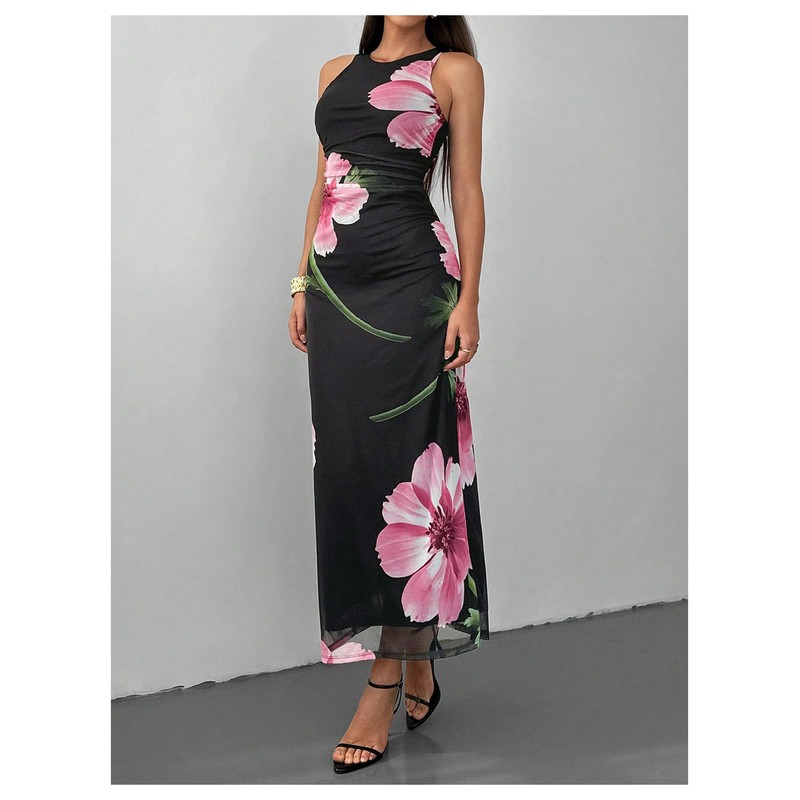 Milumia Women's Floral Mesh Maxi Dress Sleeveless Crew Neck Ruched