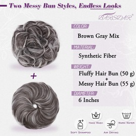 BARSDAR 2 PCS Messy Bun Hair Pieces - Elastic Brown Gray Messy Hair Bun Scrunchies Extensions for Women - Synthetic Thick Fluffy Updo Chignons Salt and Pepper Hairpieces Daily