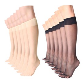 MANZI Sheer Knee High Stockings For Women Nylon Pantyhose Socks 12 Pairs Knee Highs Socks(Nude+Black)