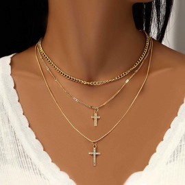 Cubahop Layered Love Cross Choker Necklaces Collar Crystal Pendant Necklace Chain Jewellery for Women and Girls (B)