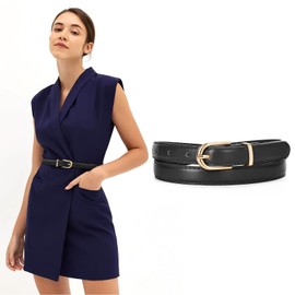 JASGOOD Womens Thin Leather Belt Skinny Faux Leather Belt for Jeans Dress with Gold Alloy Buckle(Black)
