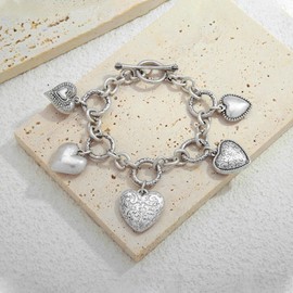 WOWORAMA Chunky Heart Charm Bracelet for Women Boho Vintage Puffy Heart Bracelet Matte Gold Silver Statement Bracelets, One Size, Alloy, no gemstone