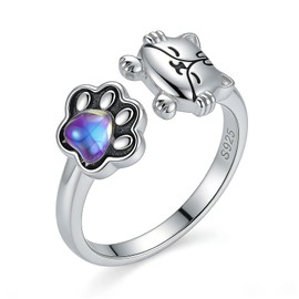INURAN 925 Sterling Silver Cat Open Rings Moonstone Cute Animal Adjustable Dainty Paw Ring Gifts for Women