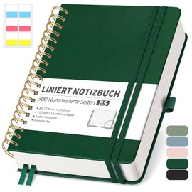 RETTACY Notebook B5 Lined, Bullet Journal with 100 g/m² Thick Paper, 150 Sheets/300 Numbered Pages, College Pad for Office and School, Leather Cover, Dark Green, 17.6 cm x 25 cm