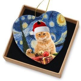 Cat Christmas Ornament Cat Lover Gifts Cat Christmas Decorations Ceramic Christmas Tree Ornaments - Red Tabby Kitten with Xmas Hat