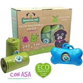Bolsas Biodegradables con Asa para popó de Perro. Kit con 240 Bolsas (16 Rollos) + 1 Dispensador.