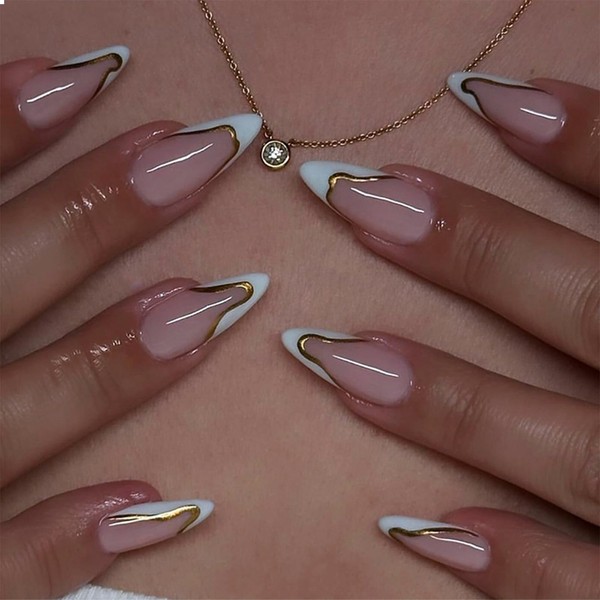 GlamRays Medium Press on Nails Almond White False Nails Shiny