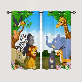 ANHOPE Animal Curtains, Eyelet Ring Top Thermal Insulated 80% Blackout Curtains with Jungle Safari Zoo Lion Giraffe Print Pattern Window Drapes for Kids Boys Girls Bedroom 46 x 54 Inch Drop 2 Panels