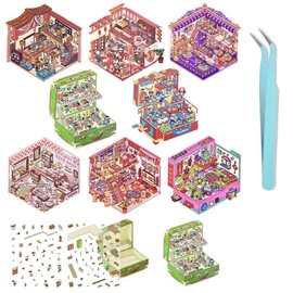 3D House Scene 8 Sets DIY Sticker Therapy for Adult Cute Cartoon Miniature Room Stickers Scene for Relief Stress Pass The Time