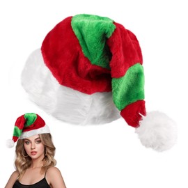 Deepton Christmas Hat, Santa Hat Unisex, Perimeter 60 cm/23.6" Red Santa Hats for Adults Women with 2 Green Stripes, Christmas Hats Adult Comfort for Xmas Holiday Christmas New Year - Red + Green