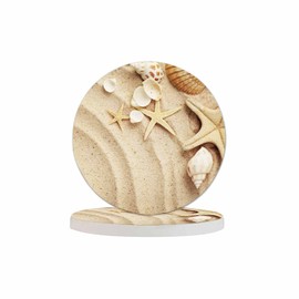 Pznen Seashells On Sand Coasters Set for Wood Table Summer Tropical Beach Sand Wave Nature Starfish Marine Sea Star Tabletop Protection Mat for Mugs and Cups 4 Inch for Kitchen Office Home