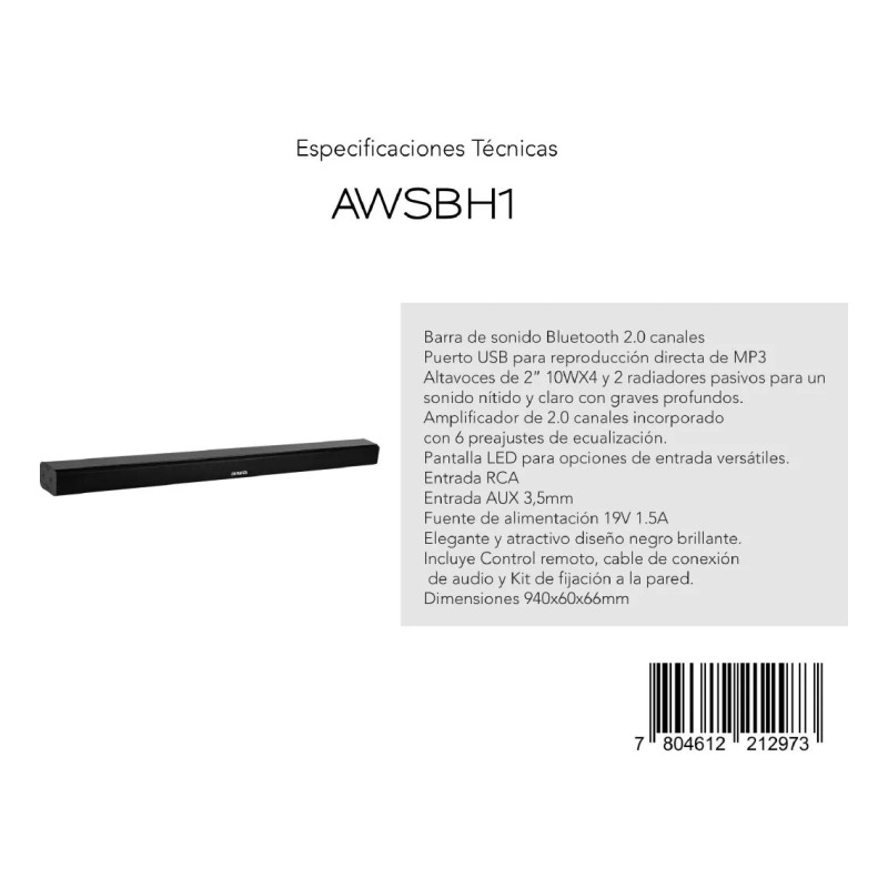 Aiwa Barra De Sonido Aiwa Awsbh1 40w Potencia 120w