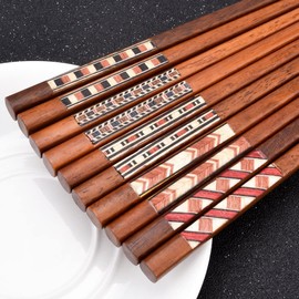 HAUTOCO 5 Pairs Hardwood Chopsticks Reusable Chopstick Set for Gift, Natural Wood Japanese Chinese Minimalism Style Chop Sticks, Dishwasher Safe, 22.8cm