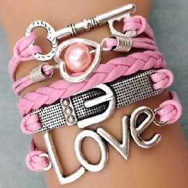 unknown BRACELET Skeleton Key with Pink Braid and Charms - 5 Different Connected Bands