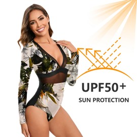NESY Women's Long Sleeve Rash Guard Swimsuits One Piece Bathing Suit UV Protection Surfing Suit Zipper Printed Swimwear, 16-leaves, Medium