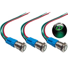 QitinDasen 3Pcs Premium 12mm Momentary Push Button Switch, 12V / 24V 3A Car Ignition Starter Switch, Green LED Light Stainless Steel IP66 Waterproof Switch with Socket Plug Wire