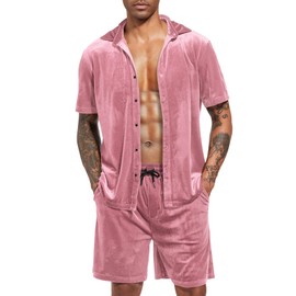 LecGee Mens Outfits 2 Piece Fashion Stylish Shorts Shirt Velour Sets Cruise Holiday Beach Clothes Beachwear(Pink,Medium)