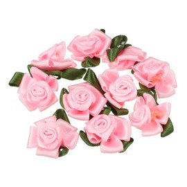 PATIKIL Mini Satin Ribbon Roses, 10 Pcs Small Rosettes Fabric Flowers with Green Leaves for Craft Projects Embellishments Applique, Pink