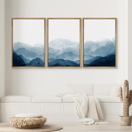 SIGNWIN Framed Canvas Print Wall Art Blue Watercolor Mountains in Fog Nature Wilderness Illustrations Modern Art Rustic Scenic Relax/Calm Cool for Living Room, Bedroom, Office - 16"x24"x3 Natural