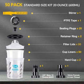 YUZES Disposable Paint Spray Gun Cup Kit - 20 Ounce (600ml), 50 Disposable Paint Cups with Lids, 190-Micron Filter, 2 Hard Cup with Retainer Ring, 20 Plugs, 2 Spray Gun Adapter, PTFE Tape, Stirrer