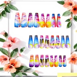 Colorful Clouds Press on Nails Long Ballet Shaped Castle Clouds and Moon Pattern Design Colorful Acrylic Fake Nail Full Cover Glossy Ballet Artificial Fingernails Reusable Glue on Nails for Women