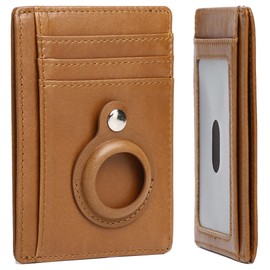 SCHLATUM Slim Minimalist Wallet for Men with Airtag Holder Genuine Leather RFID Blocking Compact Front Pocket Card Holder, Brown