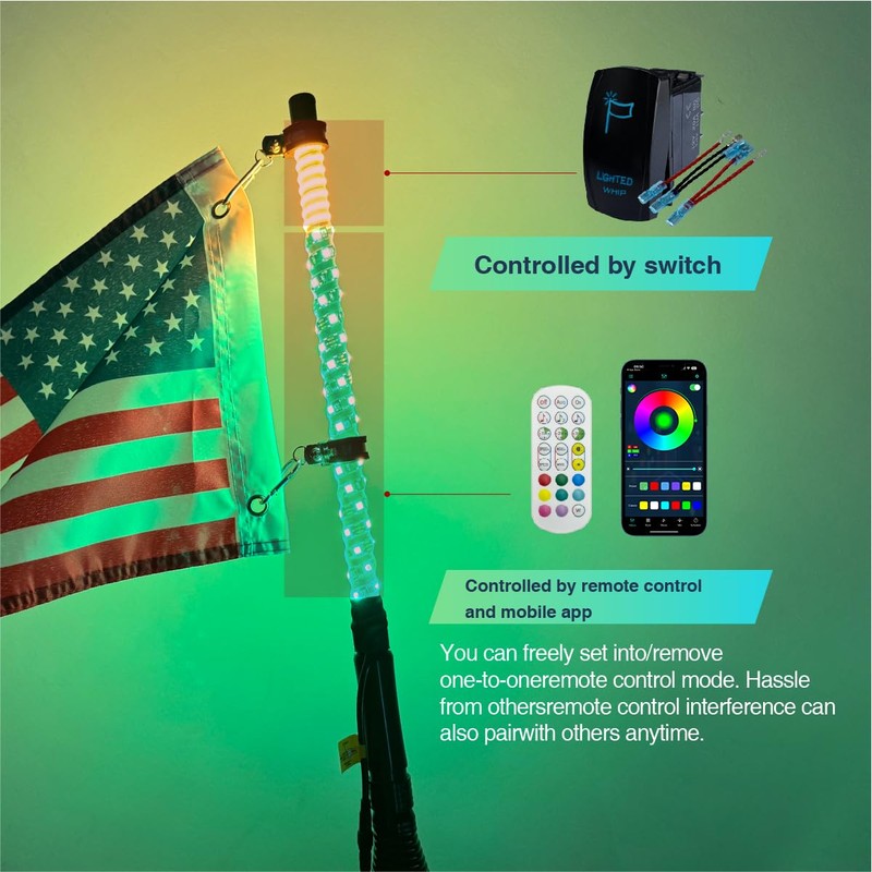 2 Pack 3ft LED Whip Lights with Warning Light, Spring