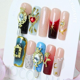 100% 5D Handmade Press on Nails with Charms Long Square Nails Press ons- French Tips False Nails Diamond Rose Heart Charms Press on Nails for Women Girls Daily Wear DIY Manicure Size M