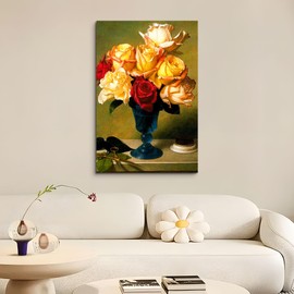 BANHUA1 Vintage Wall Decor Retro Vase with Red Roses Canvas Prints- Classical Floral Painting for Living Room, Bedroom, Farmhouse & Office Decorations-36x48 inches