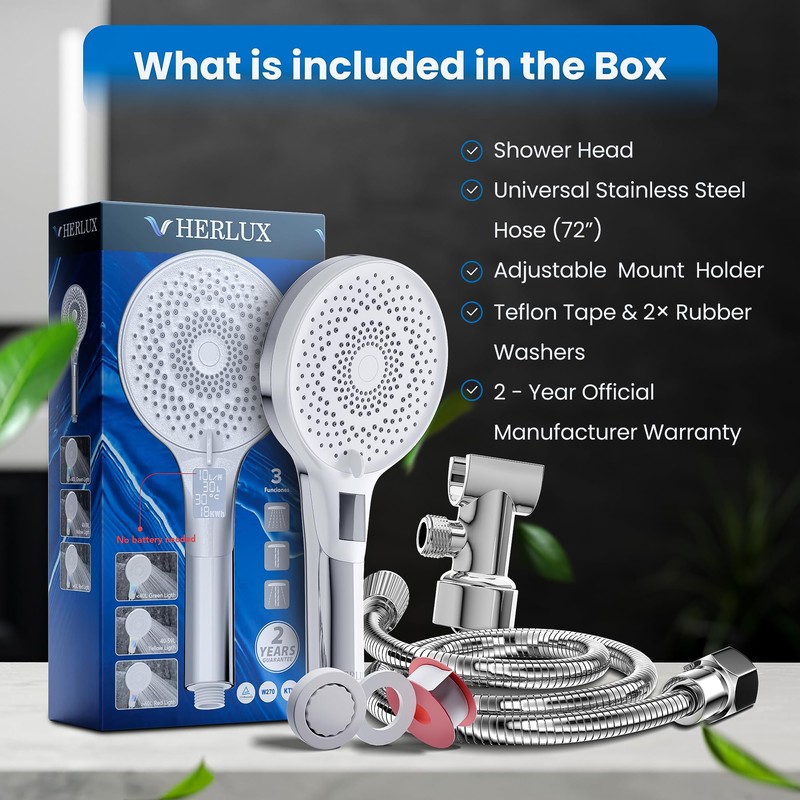 HERLUX High Pressure Shower Head with Stainless Hose & Adjustable