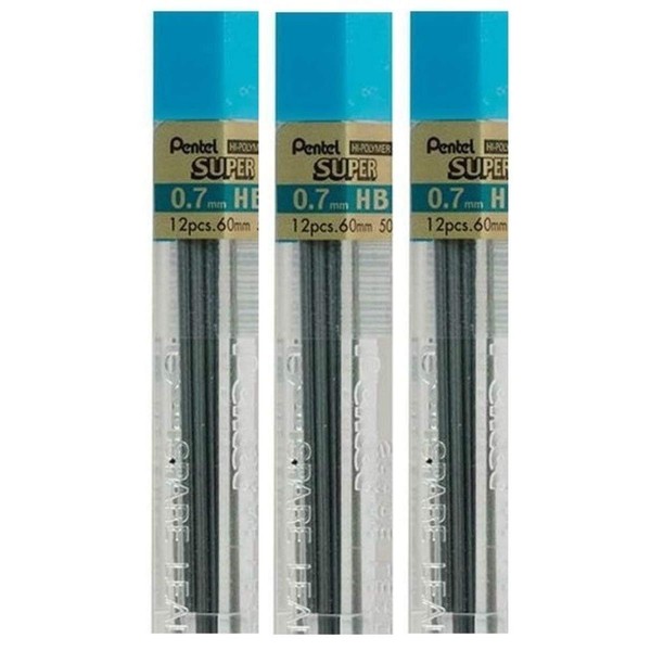 Pentel 0.7mm Size HB Shade Hardness Pencil Refill Replacement Spare Leads Hi Pollymer Super For Automatic & Mechanical Pencils (Pack Of 3 Tubes - 36 Pieces)