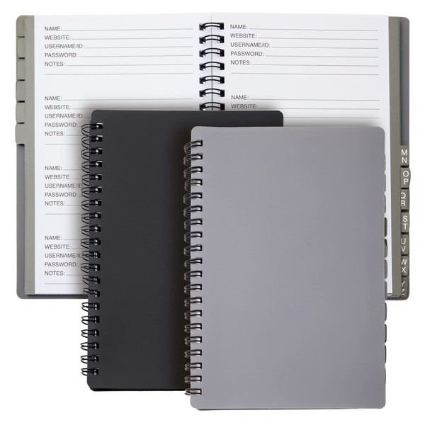 Juvale 2-Pack Spiral Password Keeper Book with Alphabetical Tabs, Password Notebook for Internet and Computer Login, Username, Passwords for Home, Office, Gray/Black (80 Lined Pages, 5x7 in)