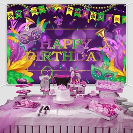 Mardi Gras Birthday Party Decorations, Mardi Gras Themed Party Backdrop Carnival Masquerade Photo Booth Props Background Fabric Mardi Gras Sign Banner Booth Backdrop for Mardi Gras Party Supplies